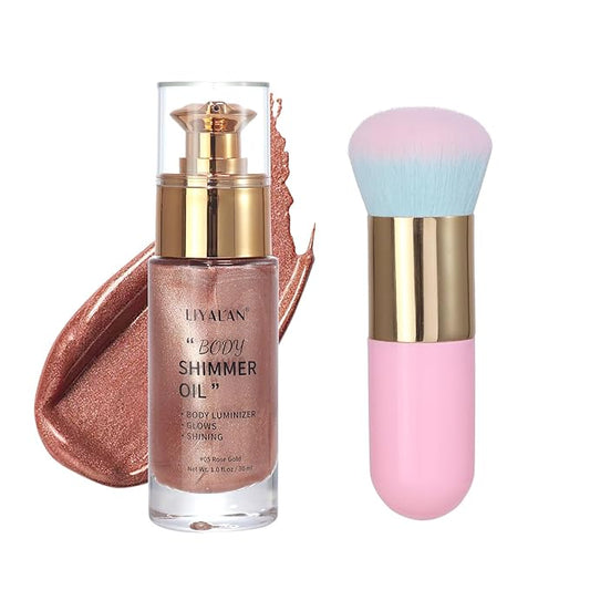 Liyalan Shimmer Body Oil 5 Color Options 1.0 fl.oz Face Glow Pearl Highlighter Illuminator Long-Lasting Shine Glitter Liquid Tanning with Makeup Brush Included (#05 Rose Gold)