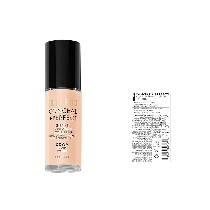 Milani Conceal + Perfect 2-in-1 Foundation + Concealer for a Flawless Complexion, Under Eye Corrector, Cover Redness and Imperfections, Waterproof and Sweatproof - Ivory
