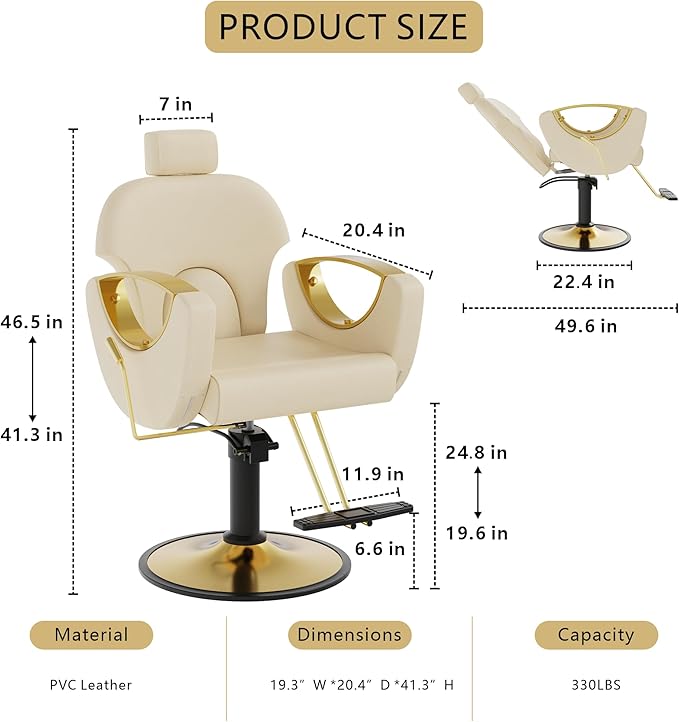 Barber Chair, Reclining Hair Salon Chair, 360 Degrees Swivel Styling Chair, Height Adjustable Hydraulic Shampoo Chairs, Spa Equipment (Off-White)