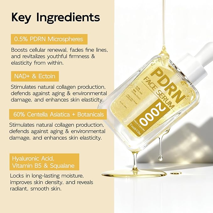 YouthVibe 0.5% PDRN Serum for Face, Anti-Aging Salmon DNA Face Serum with Hyaluronic Acid, Niacinamide & Squalane, Firming & Hydrating for Fine Lines & Wrinkles Skincare - 30ml