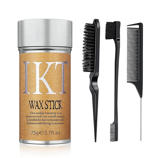 Hair Wax Stick, Slick Back Styling Set for Puffs and Wigs - 4 Combs: Edge Brush, Rat Tail for Separation, Loose Hair Brush, Non-Greasy Finish for Styling