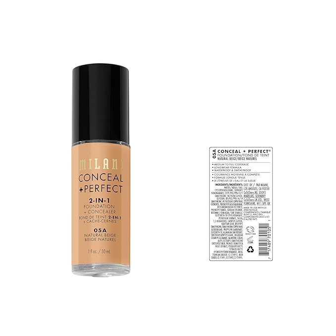 Milani Conceal + Perfect 2-in-1 Foundation + Concealer for a Flawless Complexion, Under Eye Corrector, Cover Redness and Imperfections, Waterproof and Sweatproof - Natural Beige