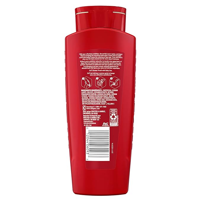 Old Spice Refreshing Body Wash for Men, 3X Defense, 24/7 Shower Fresh with Long Lasting Scent, Red Collection, Aqua Reef with Cypress Scent, 24 oz