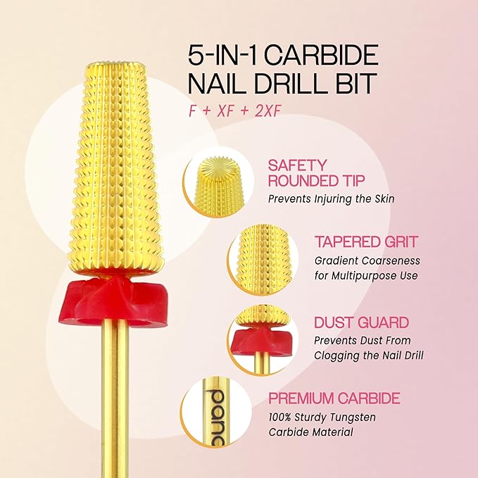 PANA 3/32" Shank 5-in-1 Nail Carbide Bit - (Triple Coarse - Fine Grit, Gold) - Two Way Rotate use for Both Left and Right Handed Fast Remove Acrylic or Hard Gel