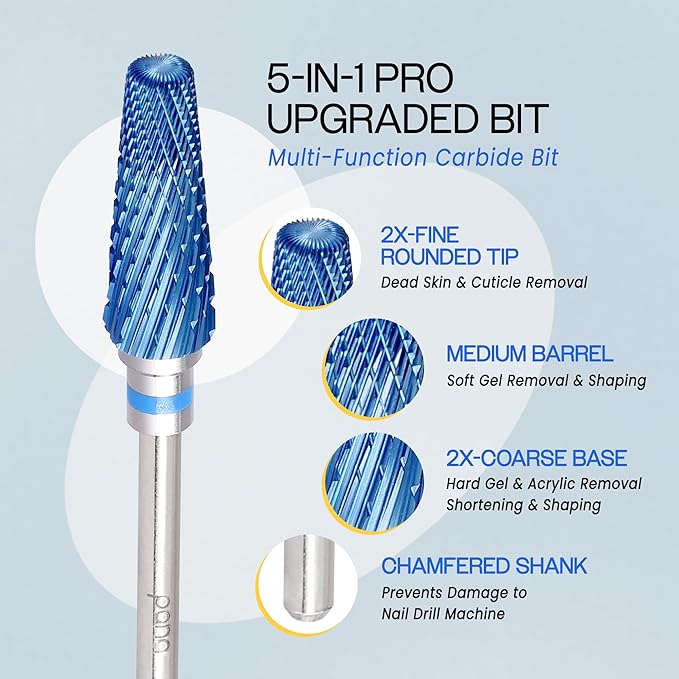 PANA 5-in-1 Pro Upgraded Multi-Function Drill Bit 3/32" Shank Size - (Blue, 2X Coarse to 2X Fine) - Mix Size Tungsten Drill Bit Fast Remove Acrylic Hard Gel Nail for Manicure Pedicure