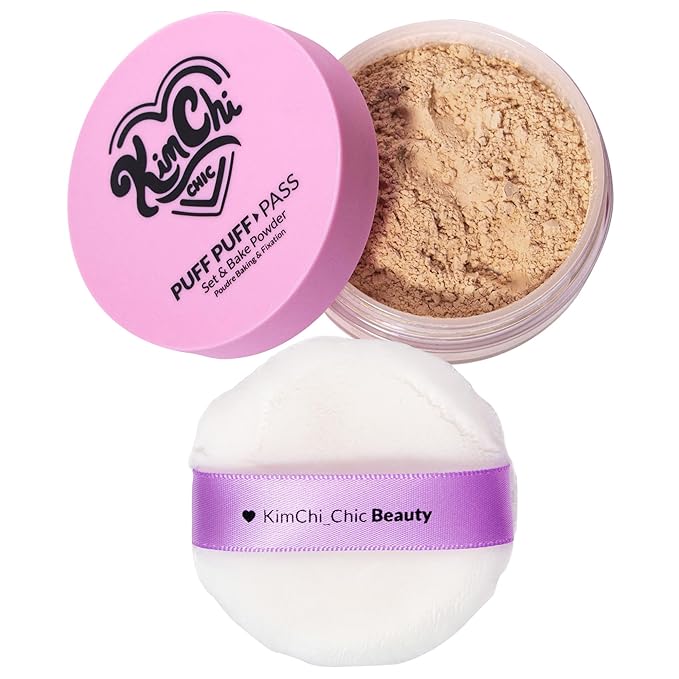 KimChiChic Beauty Puff Puff Pass Set and Bake Setting Powder for Makeup, Extra Fluffy Loose Face Powder Poof, Soft Natural Face Makeup for Uneven Skin Tone, 04 Peachy