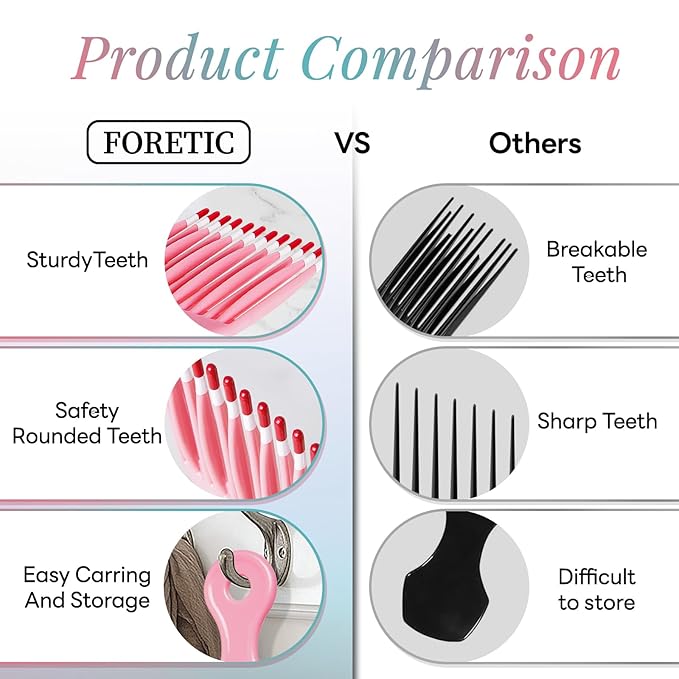 Smooth Hair Pick Comb for Curly, Thick, Medium to Long Hair, Facial -6.9inch（Blue, Pink）