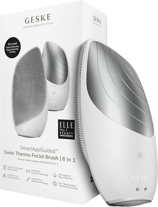 GESKE SmartAppGuided Sonic Thermo Facial Brush | 6 in 1 | Skin Cleansing | Cleansing Brush with Thermal Function | Electric Facial Massager