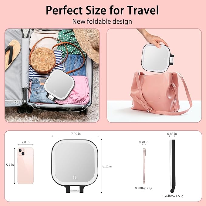 DESCHEN Rechargeable Travel Makeup Vanity Mirror with Lights and Magnification, Portable 1X/10X Magnifying Mirror with 3 Color Light, Lighted Makeup Mirror with Magnification (Black)