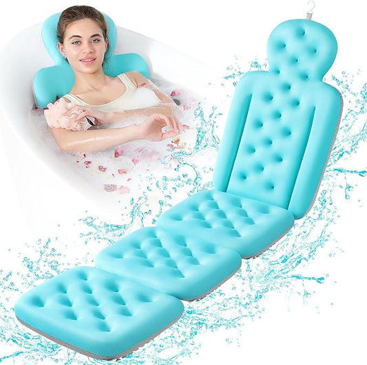 Luxury Bath Cushion, Full Body Bathtub Pillow with 160 Suction Cups, Bath Mat for Head and Neck Support, with Laundry Bag (Blue, 60.2" x 16.2")