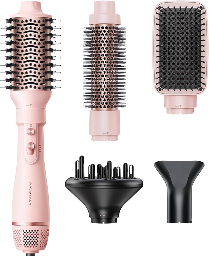 Blow Dryer Brush Set, Wavytalk Air Sculpt 5-in-1 Hot Air Brush Set, Multi Hair Styler for Salon Blowouts, Smooth Curls, Volumizing and Straightening, Sleek and Less Frizz, Pink