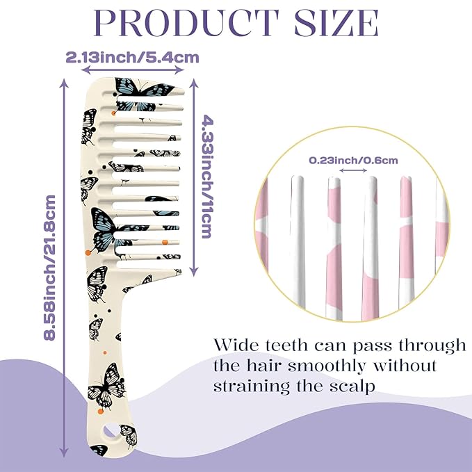 2PCS Wide Tooth Comb,Effortless Tangle Removal for Long Hair Styling Comb for Curly,Wet,Cute Aesthetic Design for Women Men and Girls(Pink-Cow Butterfly-04)