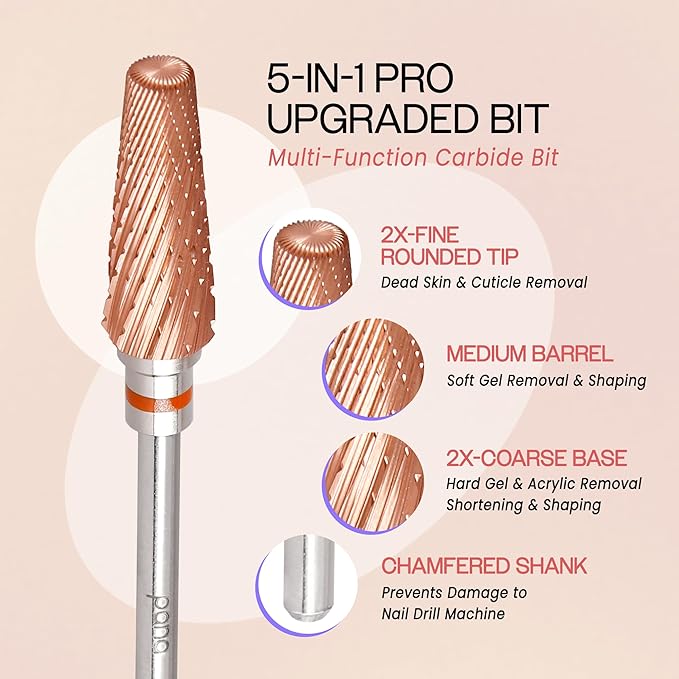 PANA 5-in-1 Pro Upgraded Multi-Function Drill Bit 3/32" Shank Size - (Rose Gold, 2X Coarse to 2X Fine) - Mix Size Tungsten Drill Bit Fast Remove Acrylic Hard Gel Nail for Manicure Pedicure