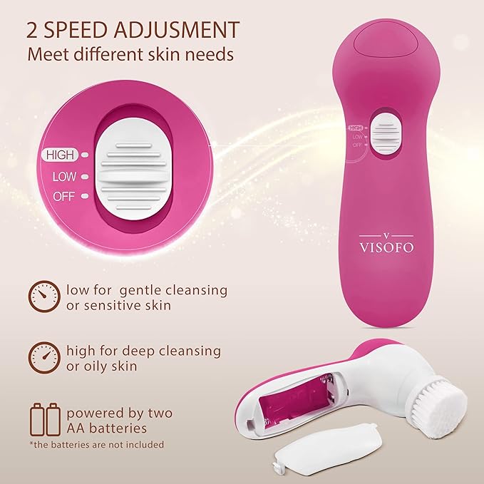 Face Scrubber | Facial Cleansing Brush Exfoliator Skin Care Products Beauty Products Powered Electric Wash Exfoliating Spin Cleanser Cleaning Scrub Including 7 Heads (Rubellite)