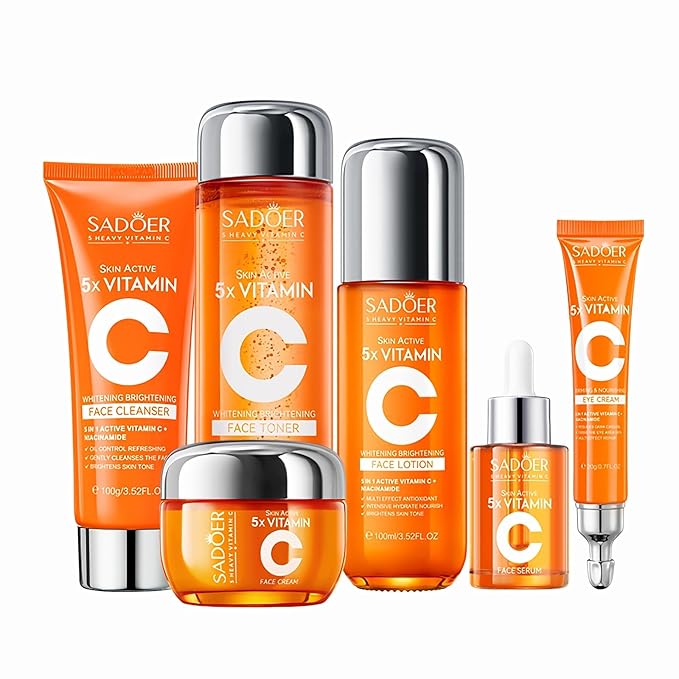 Vitamin C Skincare Set for Women & Teens - 6Pcs Travel Skincare Kit with Cleanser, Toner, Serum, Eye Cream, Face Cream & Lotion - Hydrating, Teen Skin Care & Women's Facial Gift Set