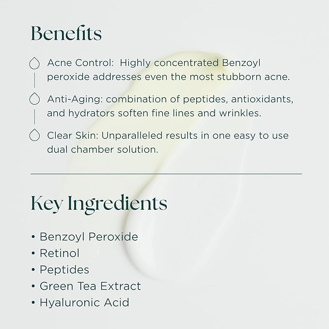 Marini SkinSolutions Duality - Benzoyl Peroxide 10% Acne Treatment Cream & Anti-Aging Retinol - Reduce the Appearance of Acne, Blemishes, Fine Lines, Wrinkles - Cruelty Free - Made in the USA - 1 oz