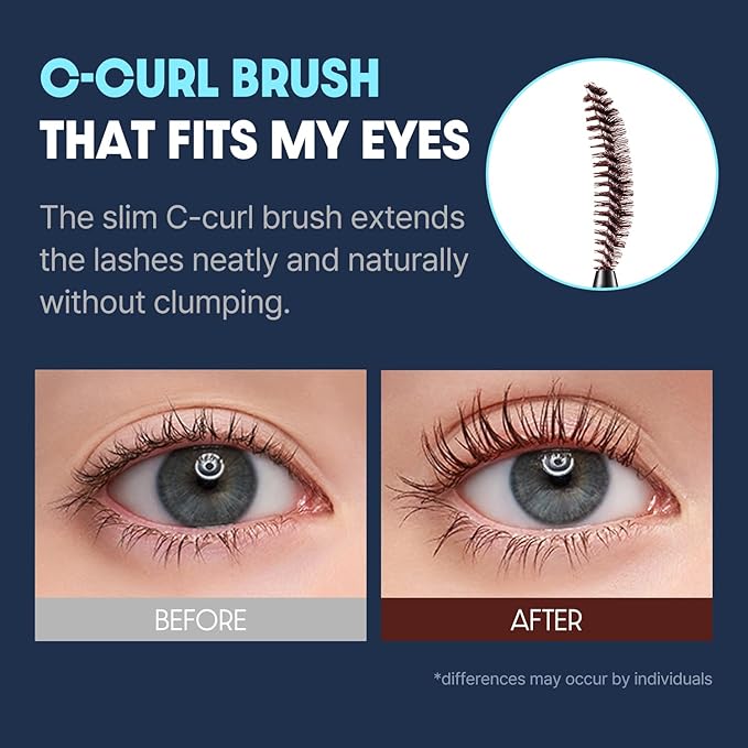 COSNORI Perfect Setting Waterproof Mascara Long&Curl 02 Cozy Brown – Long Lasting Smudge - Brown Mascara - Soft Definition for Blue & Green Eyes - K Beauty - 0.23fl oz (7ml)