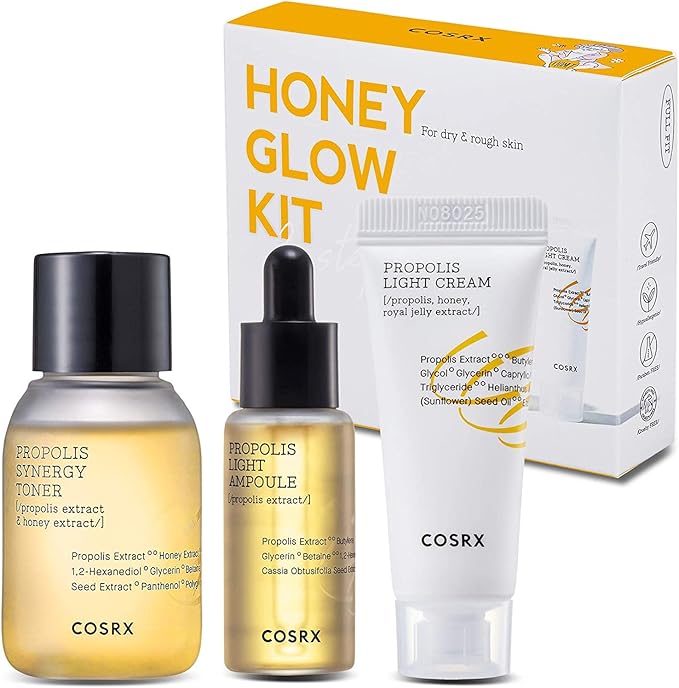 COSRX Honey Glow Kit, Korean Skin Care Set with Propolis Facial Toner, Serum, & Cream, Mini Travel Essentials, Deep Moisture, Hydration, Nourishment, Travel Size Gift Set, Korean Skin Care