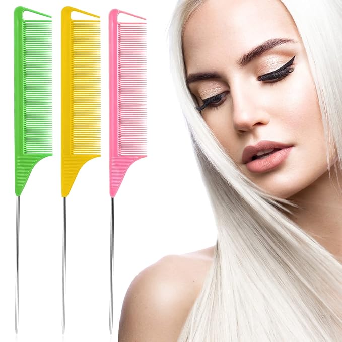 Rat Tail Combs Set: 3Pcs Long Steel Pin Teasing Combs for Salon Hair Stylists, Metal Parting Comb for Women(Green，Yellow，Pink)