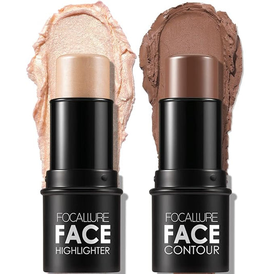 FOCALLURE 2 Pcs Mineral Cream Contour Stick,Moisturize Highlighter and Bronzer Pen,Non Stick Face Brightens & Shades Pencil,Long Lasting & Smooth Gliding Face Illuminator Makeup,Tan