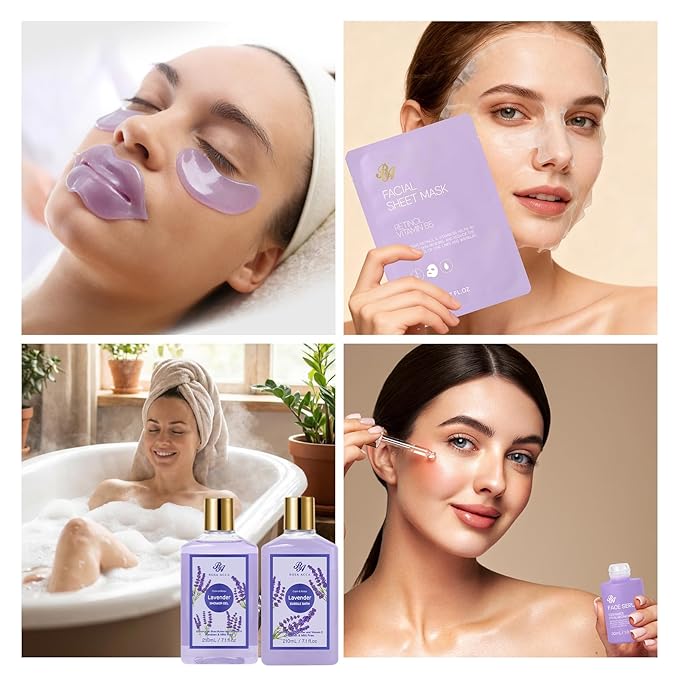 25 Pcs Valentines Day Gifts for Women, Lavender Bath & Body Gift Set, Hydrating Skin Care Set, Self Care Gifts, Face Sheet Mask, Cosmetic Bag, Necklace, Christmas, Birthday, Mothers Day
