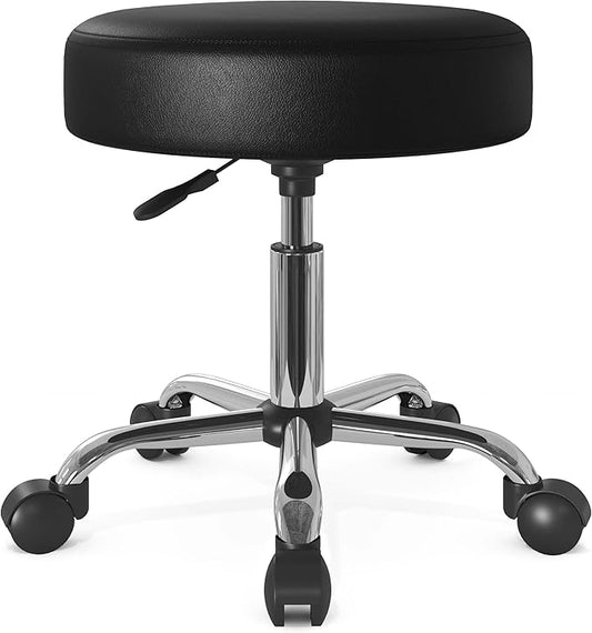 SHA CERLIN Rolling Stool with Wheels Swivel Shop Salon Chair Adjustable Drafting Massage Medical Tattoo Spa with PU Leather Cushioned,Black and Silver