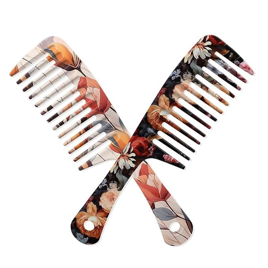 2PCS Wide Tooth Comb,Effortless Tangle Removal for Long Hair Styling Comb for Curly,Wet,Cute Aesthetic Design for Women Men and Girls(Black-Flowers-08)