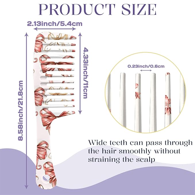 2PCS Wide Tooth Comb,Effortless Tangle Removal for Long Hair Styling Comb for Curly,Wet,Cute Aesthetic Design for Women Men and Girls(Pink-Bow-03)