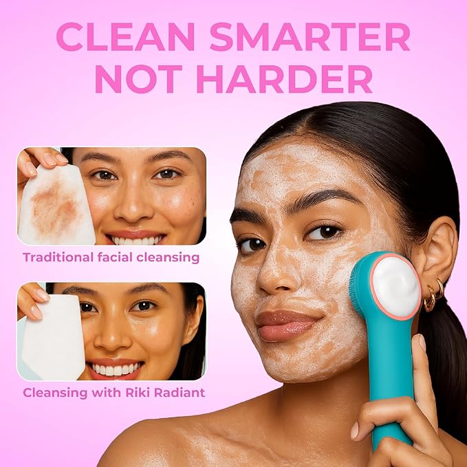 Riki Radiant Electric Silicone Face Scrubber - 2-in-1 Facial Rotating Vibrating Exfoliating Brush - Waterproof & Portable, Rechargeable, for Cleaning, Exfoliation, Massage, for Men & Women (Green)