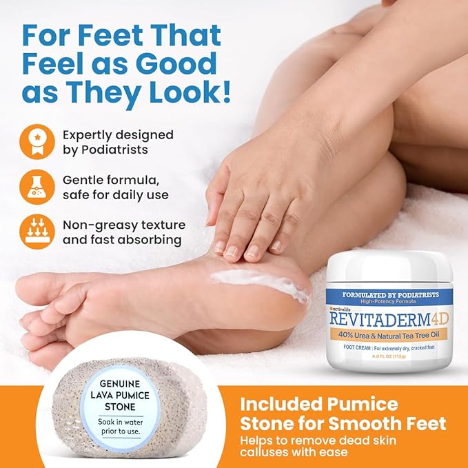 Revitaderm 4D Urea Cream 40% for Feet, Intensive Moisturizing Foot Cream for Dry, Rough, Callused Skin, Includes Free Pumice Stone and Exfoliating Brush, Fast-Absorbing, Fragrance-Free, 4oz, 2 Pack