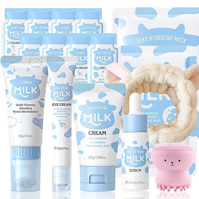Milk Skincare Set for Teens, 16-in-1 Kids Skin Care Set for Girls Ages 8-12, Travel Size Toiletries Kit, Gentle, Nourishing Christmas & Birthday Gifts for Teen Girls, Brilliant Skin Rejuvenating Set