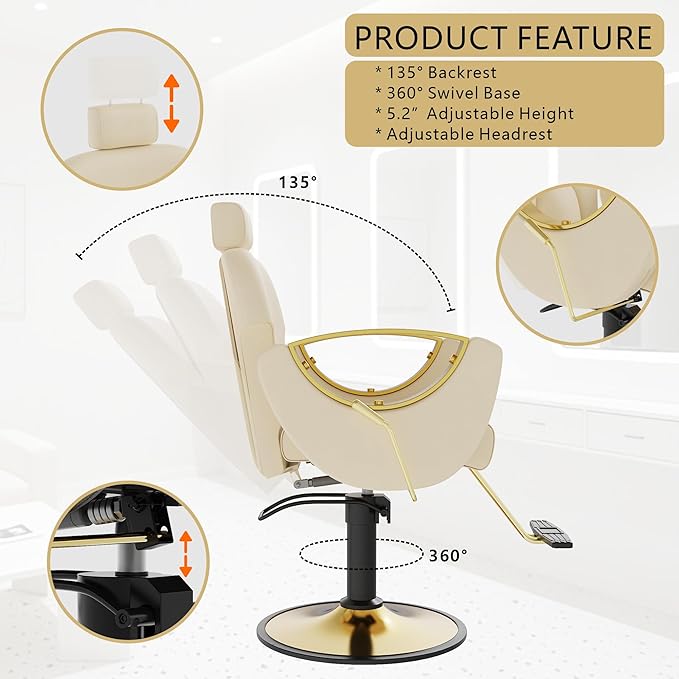 Barber Chair, Reclining Hair Salon Chair, 360 Degrees Swivel Styling Chair, Height Adjustable Hydraulic Shampoo Chairs, Spa Equipment (Off-White)