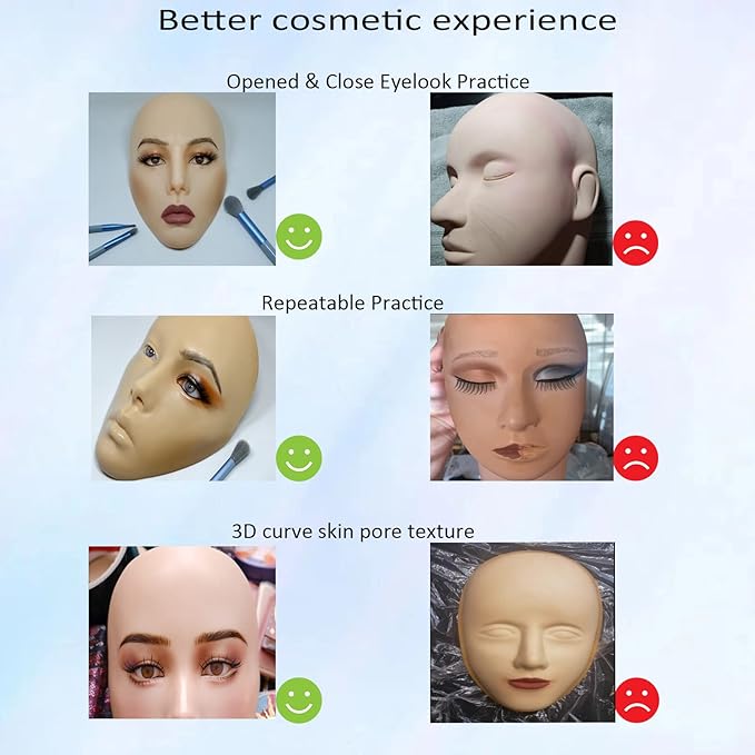 5D makeup Practice Face Board, Silicone Makeup Mannequin Face, Reusable Beginner Practice Eye Makeup Face, Eye Fake Silicone, Makeup Artist Full Face Practice Eyelash Eye Shadow Eyeliner Pen Simulatio