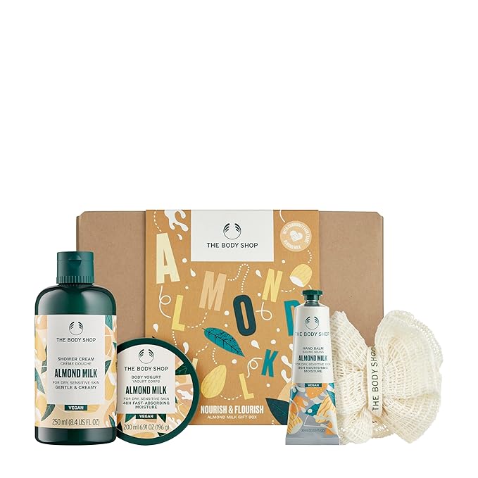 The Body Shop Nourish & Flourish Almond Milk Gift Box - 3 Piece Set, Includes Shower Cream, Body Yogurt, Hand Balm, Vegan