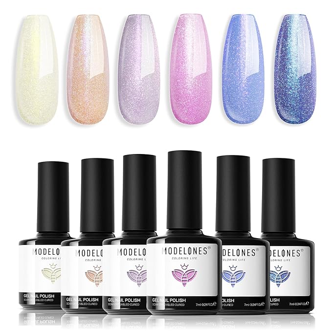 modelones Chameleon Gel Nail Polish Set - 6 Colors Glitter Pink Blue Yellow Gel Polish Starter Kit Soak Off Phantom Nail Polish Kit Nail Lamp Manicure Nail Art DIY Salon Home Holiday Gift for Girl