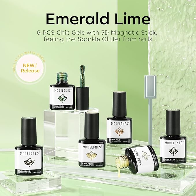 modelones Gel Nail Polish Set, 6 Colors Fall Winter Green Gold Yellow Sparkle Reflective Glitter Gel Polish Dark Green 9D Cat Eye Nail polish with Magnet Soak Off LED Nail Art Kit DIY Gift