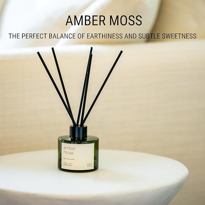 Craft & Kin Amber Moss Christmas Reed Diffuser | All Natural Essential Oil & Rattan Scent Sticks | Holiday Reed Diffusers for Home, Bathroom | Long Lasting Home Fragrance in Green Glass, 3.4oz