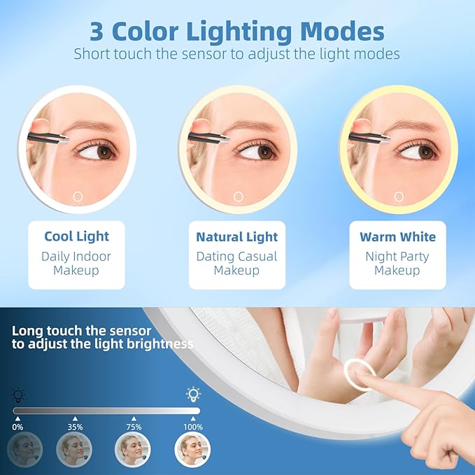 20x Lighted Magnifying Mirror with Suction Cups, Large 6'' Magnified Mirror with Light High Magnification Travel Makeup Mirror, Rechargeable Battery, 3 Colors Dimming Light, with Tweezers &Scissors