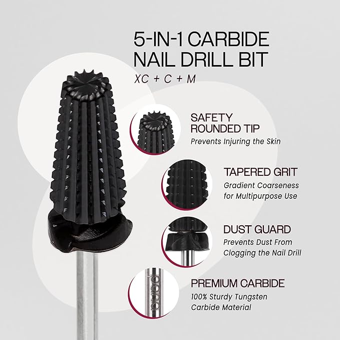 PANA 3/32" Shank 5-in-1 Nail Carbide Bit - (Triple Coarse - Extra Coarse Grit, DLC Black) - Two Way Rotate use for Both Left and Right Handed Fast remove Acrylic or Hard Gel Machine