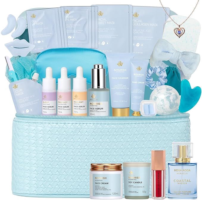 Valentines Day Gifts for Women, 33 Pcs Bath & Body Spa Gift Set, Hydrating Skin Care Set, Ylang Essential Oil Sheet Mask, Leather Bag, Face Serum, Mother Day, Birthday, Christmas