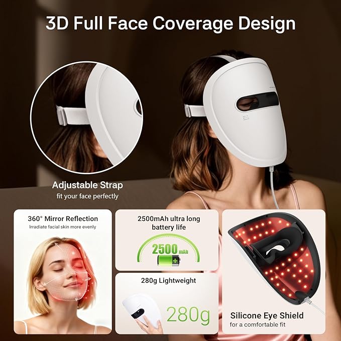 Red Light Therapy Mask for Face, 2026 LED Face Mask Light Therapy, 4 Modes with Red/Blue/infrared/Dual Red & Blue Lights for Reduce Acne, Anti-Aging and Blemish Repair, Full Face Coverage, Lightweight