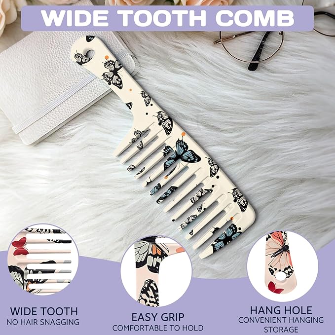 2PCS Wide Tooth Comb,Effortless Tangle Removal for Long Hair Styling Comb for Curly,Wet,Cute Aesthetic Design for Women Men and Girls(Yellwo-Butterfly-05)