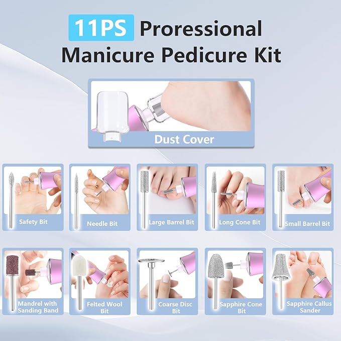 Electric Nail File Drill, Cordless 2000 mAh Rechargeable Nail Filer Electric, Portable Nail Dril 10 Speeds Professional Machine Drill for Nails Acrylic Manicure and Thick Toenails Grinder