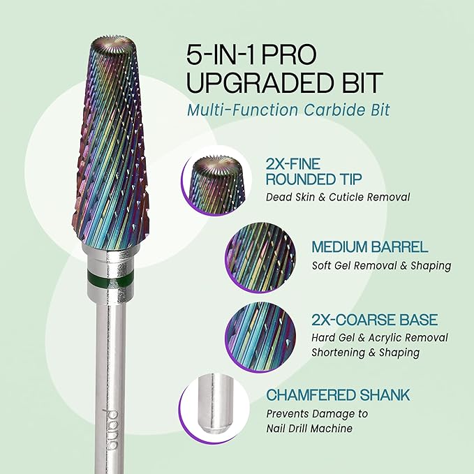 PANA 5-in-1 Pro Upgraded Multi-Function Drill Bit 3/32" Shank Size - (Rainbow, 2X Coarse to 2X Fine) - Mix Size Tungsten Drill Bit Fast Remove Acrylic Hard Gel Nail for Manicure Pedicure