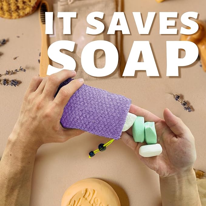MIG4U Exfoliating Soap Bag for Shower 2 Pieces - Bar Soap Saver Pouch, Bamboo Body Scrubber Exfoliator Pocket in Travel Bathing, Purple