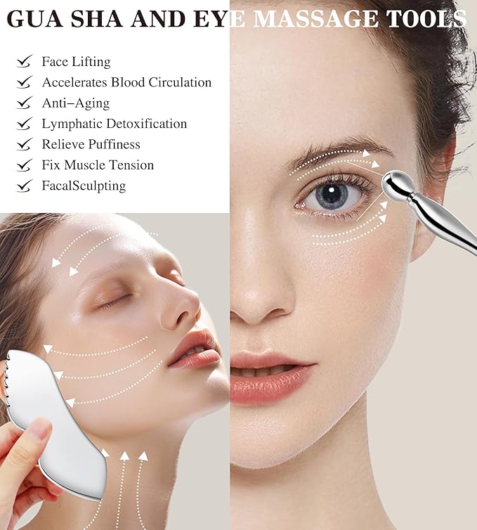 Gua Sha Facial Tools, 3 in 1 Stainless Steel Metal Guasha & Eye Cream Applicator Facial Sculpting Tool Set Eye Massager Lymphatic Drainage for Face Neck (Plastic Box 3, Count, 3)