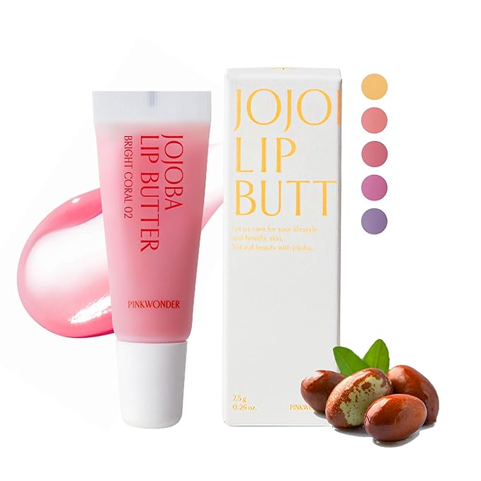 PINKWONDER Jojoba Lip Butter (02 Bright Coral) | Hydrating Lip Balm with Organic Jojoba Oil | Non-Sticky Lip Gloss for Dark Lips | Korean Lip Balm