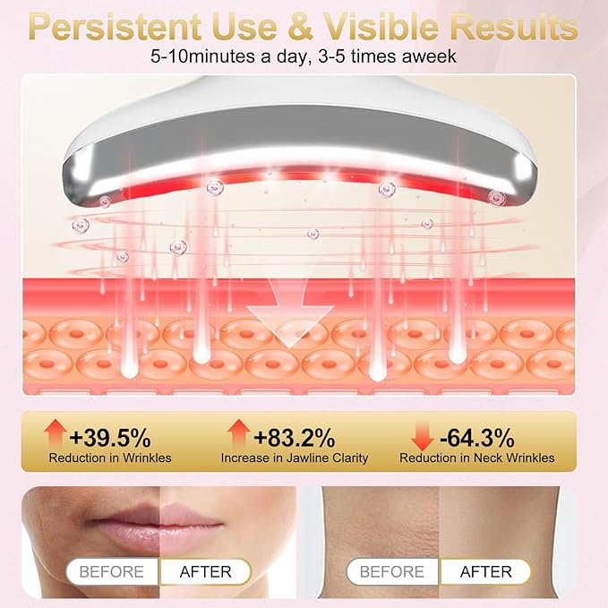 Neck Face Massager, 4 Color LED Facial Massager with Micro-Current Vibration Facial Cold and Hot Service for Wrinkles, Double Chin, Multifunctional Facial Light Therapy Device for Skin Care at Home