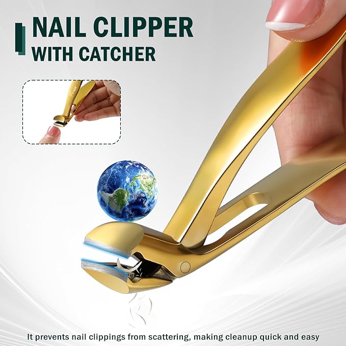 FVION Ergonomic Seniors Toenail Clippers, Curved Head Toe Nail Clippers for Thick Nails with Nail Catcher and Metal Nail File, Precision Nail Care Tool for Easier Trimming (Gold)