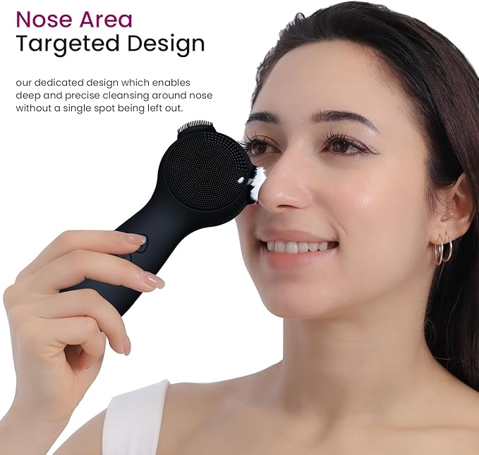 Silicone Face Scrubber Exfoliator Electric for Men Women, Rechargeable Facial Cleansing Brush with Wireless Charging Dock, Waterproof Sonic Vibrating Face Scrub Brush Cleanser for Exfoliating, Black